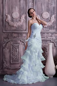 Light Blue Sweetheart Ruched and Beaded Organza Graduation Dress with Ruffles
