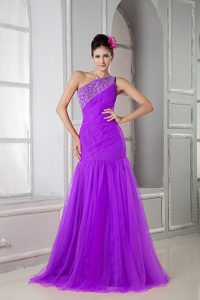 Latest Purple Mermaid Beaded Dress for Graduation with One Shoulder