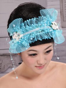 Aqua Blue Tulle Headpieces With Rhinestones and Imitation Pearls Decorate