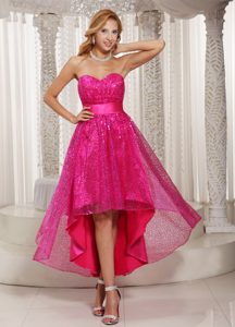Modern Hot Pink High-low Sweetheart Prom Formal Dress with Paillette over Skirt