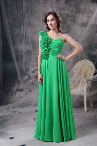 Best One Shoulder Long Green Ruched Prom Evening Dress with Flowers