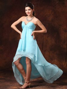 Slot Neckline Aqua Blue Layered High-low Ruched Chiffon Prom Pageant Dress