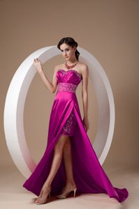 Sweetheart Brush Train Fuchsia Ruched Prom Dress with Beading and High Slit