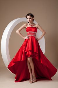 Strapless High-low Wine Red Prom Dresses for Anniversary with Beaded Waist