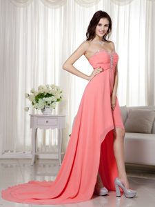 2015 Watermelon Sweetheart High-low Ruched Prom Party Dress with Beading