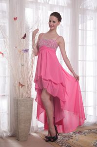 Spaghetti Straps High-low Pink Chiffon Prom Dress with Beading and Pick-ups