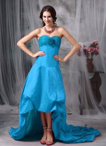 Unique Sweetheart High-low Beaded Blue Prom Dress with Pick-ups and Flower
