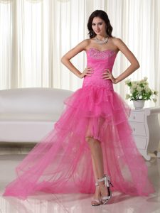 Hot Pink Sweetheart High-low Tulle Prom Party Dress with Ruffles and Beading