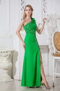 One Shoulder Long Green Ruched Prom Dress with Beading and Flowers