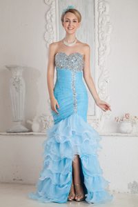 Baby Blue Sweetheart High-low Ruched Prom Dresses with Beading and Ruffles