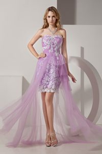 Strapless High-low Lavender Lace and Tulle Prom Pageant Dress with Appliques