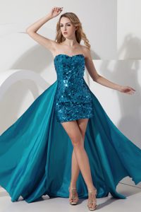 Sweetheart Mini-length Teal Sequin Prom Cocktail Dress with Detachable Train