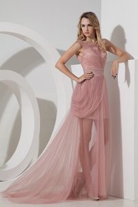 Light Pink Scoop Brush Train Drapped Prom Dresses with Ruching and Beading