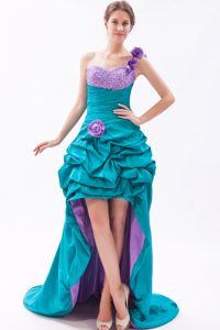 One Shoulder High-low Beaded Prom Dresses with Flowers and Pick-ups