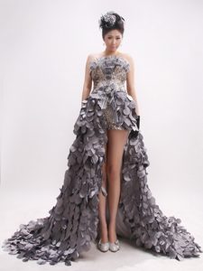 Strapless High-low Gray Ruffled Prom Pageant Dresses with Sequin and Flower