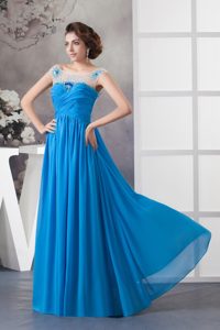Sky Blue Scoop Long Ruched Chiffon and Tulle Prom Dress with Beading