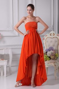 Orange Red Strapless High-low Chiffon Prom Homecoming Dress with Beading