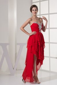 Best Red Sweetheart High-low Ruched Layered Chiffon Prom Dress with Beading