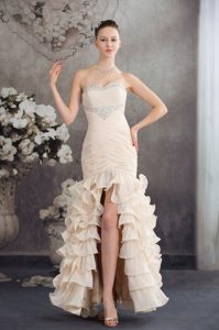 New Champagne Sweetheart Long Ruched Beaded Prom Dress with Ruffles