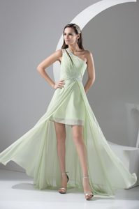 One Shoulder High-low Light Green Ruched Chiffon Prom Dress with Appliques