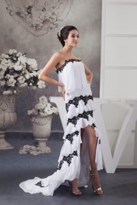 New White Strapless High-low Ruched Chiffon Prom Dress with Black Appliques