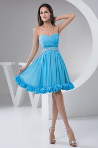 Sweetheart Knee-length Ruched Blue Chiffon Prom Dresses with Beaded Waist