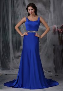 Royal Blue Straps Women Holiday Dresses in Elastic Wove Satin
