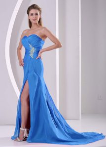 High Slit Ladies Holiday Dresses with Appliques and Ruche in Aqua Blue