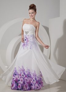 Fitted White Empire Strapless Holiday Gown Dress in Printing with Beading