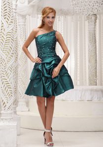 One Shoulder Pick-ups Turquoise Beading Short Women Office Holiday Party Dress