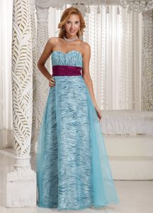 Zebra Aqua Blue Organza Sweetheart Spring Holiday Party Dress with Ruched Sash
