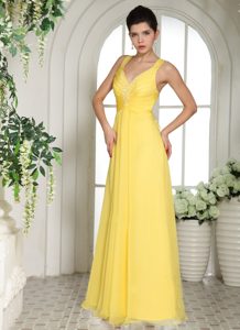 Beading Appliques Yellow Chiffon Office Holiday Party Outfits with Wide Straps