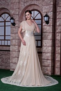 Chiffon and Lace for Champagne V-neck Beading Sweep Poised Holiday Dress