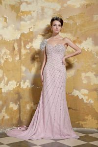 Brush Chiffon Beading One Shoulder Stunning Dresses for Holiday in Light Pink