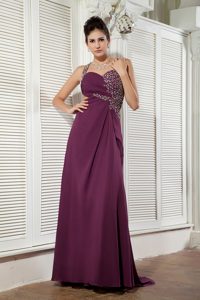 One Shoulder Beading Dark Purple Empire Shimmery Holiday Dress Brush Design