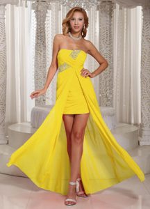 Impressive Strapless High-low Beaded Yellow Homecoming Dress for Juniors