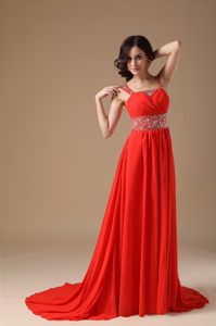 Gorgeous Red Beaded Straps Chiffon Celebrity Homecoming Dress with Court Train