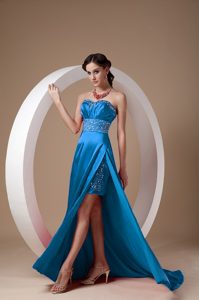 Sexy Blue Sweetheart Satin Homecoming Dress with Beading and Brush Train