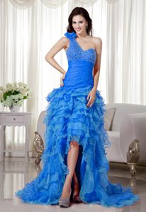 A-line One Shoulder Brush Train Organza Homecoming Dresses for Prom in Ruffles