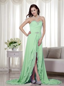 Light Green Beaded High Slit Chiffon Homecoming Queen Dresses with Sweetheart