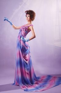 Appliqued Multi-color Court Train Homecoming Dress for Miliary Ball with Blue Gloves