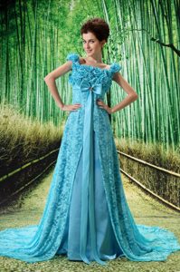 Aqua Blue Flowers Decorated Evening Homecoming Dress with Lace Square Neckline