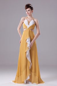 Halter Top Long Yellow Homecoming Princess Dresses with Ruffles and Cutouts