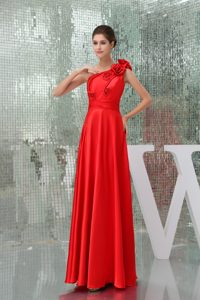 Long One Shoulder Red Party Dresses for Homecoming with Flower