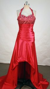 Pretty Empire Halter Top Sweetheart Beaded and Ruched Red Prom Pageant Dress