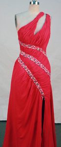 Wonderful Empire One Shoulder Beaded Red Prom Pageant Dress on Promotion