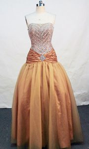 Elegant A-line Strapless Gold Beaded and Ruched Prom Dresses for Custom Made