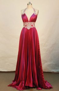 Beautiful Empire Halter Top Beaded Red Prom Dresses with Brush Train on Sale