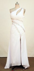 Discount A-line One-shoulder Beaded Prom Homecoming Dresses with High Slit