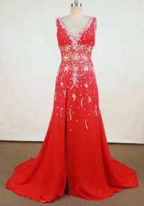 Beautiful A-line V-neck Red Prom Dresses with Beading and Sweep Train on Sale
